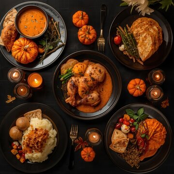 Abundant Autumn Feast: A delightful spread of autumn harvest dishes, featuring roasted chicken, creamy mashed potatoes, seasonal vegetables, and decorative mini pumpkins.