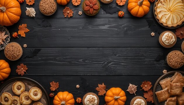 Autumnal Feast Flatlay: A rich harvest of pumpkins, pies, and baked treats arranged on a dark wooden surface, evoking the warmth and abundance of the fall season.