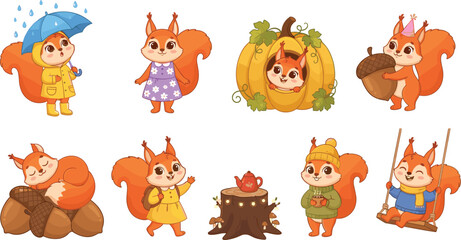 Obraz premium Cute Autumn Squirrel Vector Character Set Featuring Hand Drawn Illustrations of Happy Red Squirrels with Umbrella, Pumpkin, Acorn, Swing, and Drinking Tea on Tree Stump