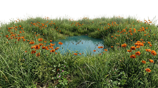Uma pequena lagoa de &aacute;gua azul cercada por grama verde exuberante e flores silvestres laranja vibrantes, isolada em um fundo branco, ideal para design de paisagem e composi&ccedil;&atilde;o de elementos naturais.