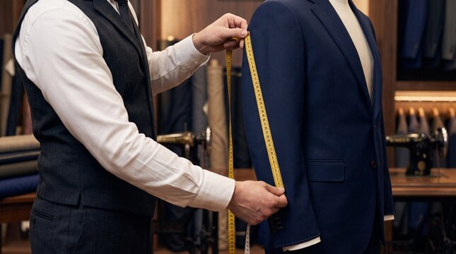 Tailor hands and bespoke blue suit jacket, with yellow measuring tape, measuring sleeve length, in a tailor shop, fashion photography