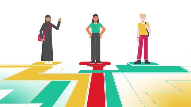 Diverse students standing on rising colorful graph bars representing academic success and growth in this bright animated digital motion clip