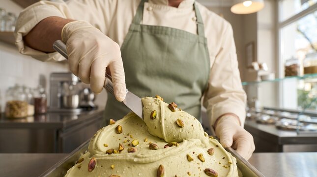 Gelato chef hands, with green pistachio ice cream tub, scooping frozen dessert with spatula, in commercial ice cream shop, culinary photography