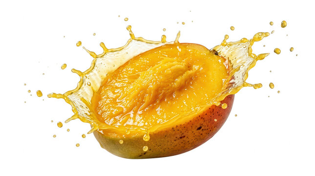 Metade de uma manga madura fresca com suco espirrando em movimento din&acirc;mico, isolada em um fundo branco puro, destacando a textura suculenta da fruta tropical e gotas de n&eacute;ctar vibrante em alta