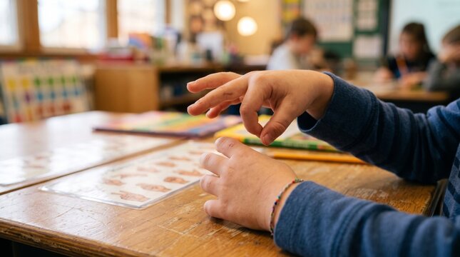 International day of sign languages concept featuring a student signing at a wooden school desk signlanguage communication