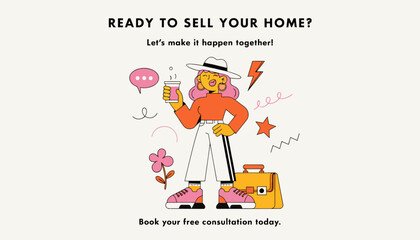 Fototapeta premium woman with luggage and speech bubble ready to sell home