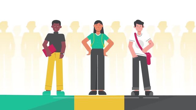 Diverse group of young students standing together in this flat style animated video motion footage for educational design projects