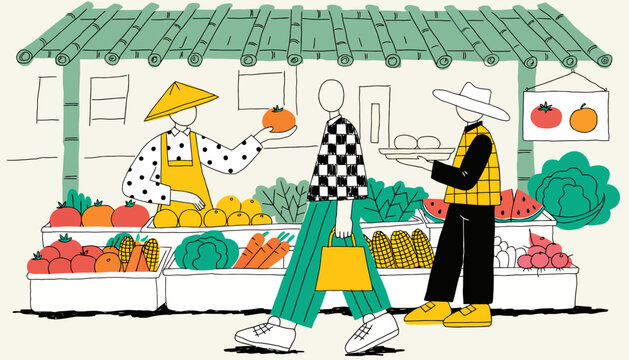 Vibrant Farmers Market Scene with Diverse People and Fresh Produce - Illustration