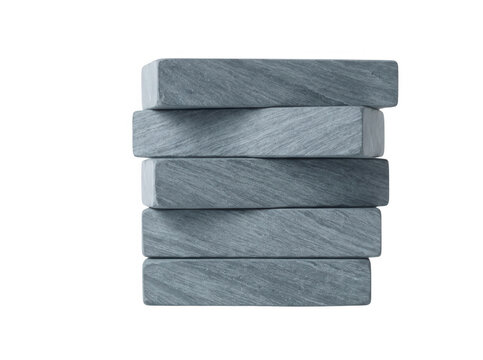 Uma pilha vertical de cinco blocos de madeira retangulares com textura cinza, isolados em um fundo branco, representando estabilidade, constru&ccedil;&atilde;o, equil&iacute;brio ou elementos de design minimalista.