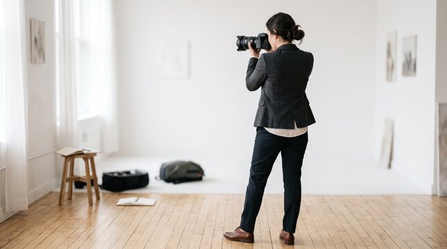 Female photographer taking picture in bright white art gallery studio, professional woman holding DSLR camera capturing images of artwork on walls, representing creative occupation