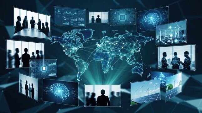 Global business network world map hologram with multiple screens, international connectivity showing digital nodes and lines connecting continents, representing globalization