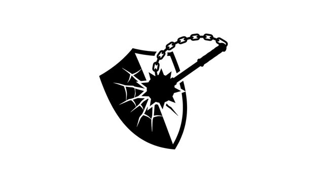 Black silhouette of a spiked mace flail shattering a shield
