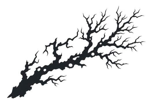 Ilustra&ccedil;&atilde;o vetorial de um galho de &aacute;rvore seco e sem folhas, com silhueta preta detalhada, ramos intrincados e ramifica&ccedil;&otilde;es irregulares, isolado sobre um fundo branco limpo para design gr&aacute;fico.