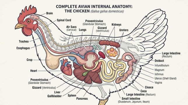 Detailed illustration displaying complete internal avian anatomy of a domestic chicken