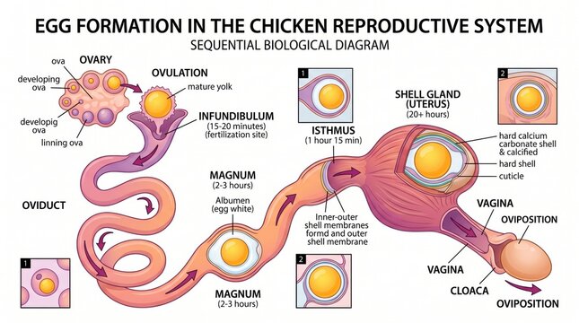 Detailed sequential biological diagram illustrating chicken egg formation within the reproductive system
