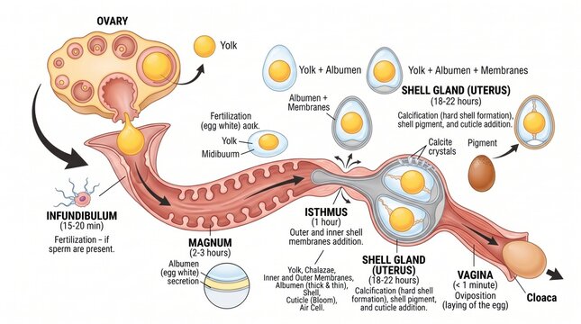 Comprehensive diagram illustrating avian egg formation process and reproductive system anatomy