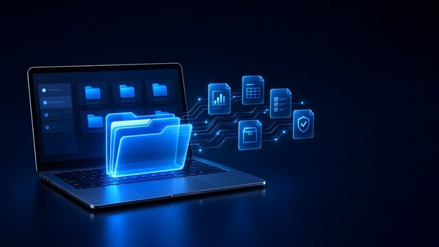 Secure document management software on laptop streaming digital files and folders through glowing data circuits for business analytics