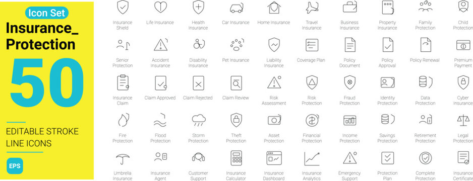 50 Insurance Protection line icons set with editable stroke. Risk management, life assurance, health coverage, property safety, and policy claim web symbols isolated on white background