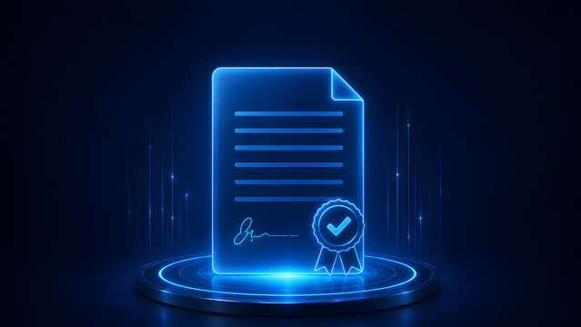 Electronic signature smart contract showing verified digital certificate on glowing technology pedestal for legal compliance