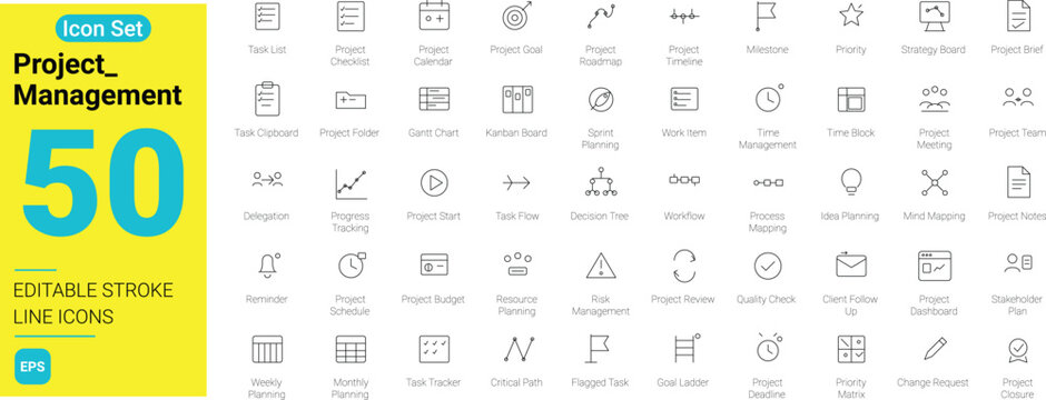 50 Project Management line icons set with editable stroke. Agile planning, workflow organization, task tracking, team execution, and business strategy web symbols isolated on white background