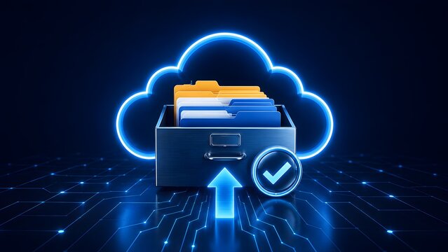 Cloud storage data migration concept showing physical filing cabinet uploading secure folders to digital network