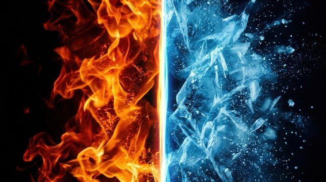 Fiery Element Meeting Icy Water Splash Split Composition with Dramatic Contrast Fire And Ice
