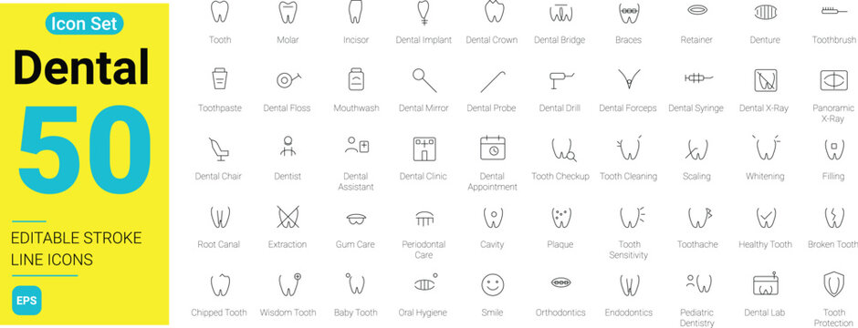 50 Dental line icons set with editable stroke. Dentistry, oral hygiene, teeth care, orthodontic treatment, and dental clinic web symbols isolated on white background
