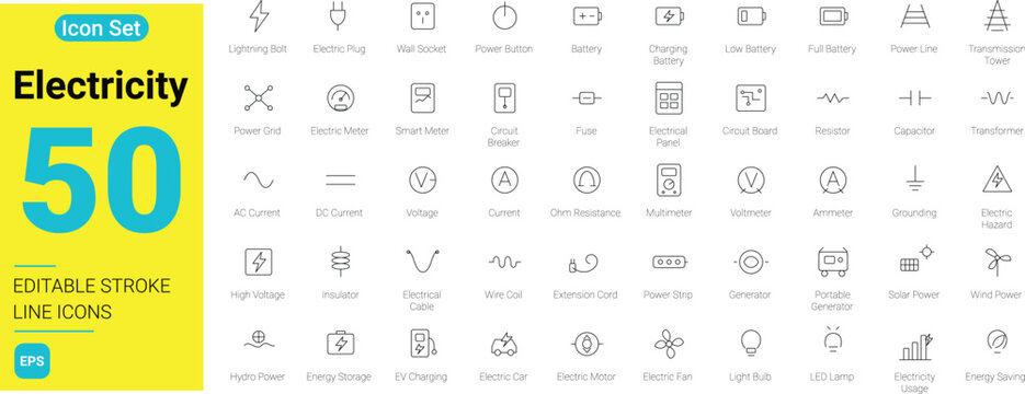 50 Electricity line icons set with editable stroke. Power grid, electrical circuit, voltage, renewable energy, and electronic components web symbols 