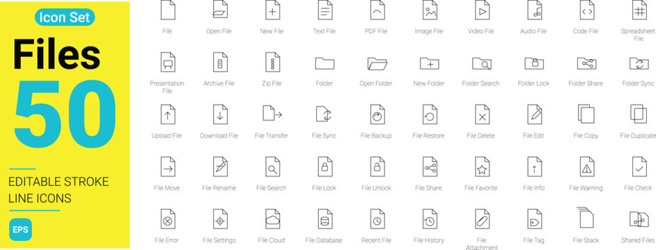 50 Files line icons set with editable stroke. Document management, folder organization, file format, cloud storage, and transfer web symbols isolated on white background