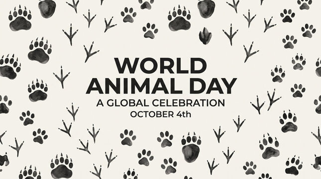 World animal day poster with black animal footprints and paw prints pattern on a light beige background
