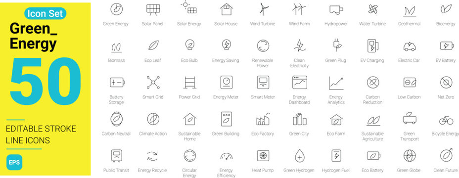 50 Green Energy line icons set with editable stroke. Renewable power, eco environment, solar technology, sustainability, and clean energy web symbols isolated on white background