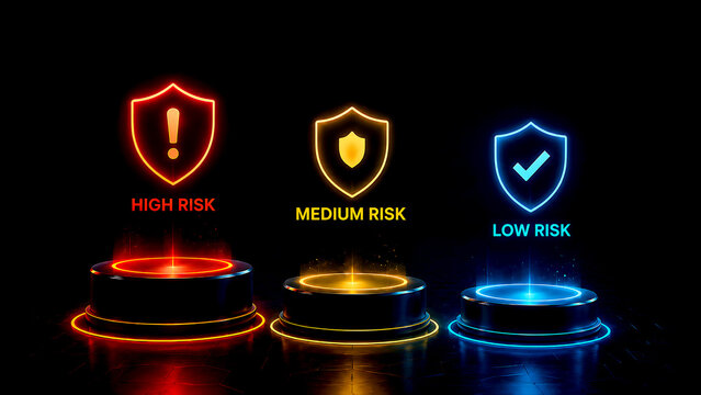 Cybersecurity risk assessment levels showing high medium and low risk indicator shields on glowing digital pedestals for compliance strategy
