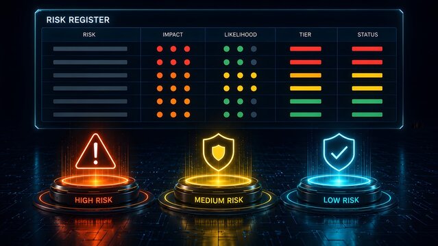 Digital risk register dashboard floating above three glowing pedestals indicating high medium and low threat levels for corporate governance