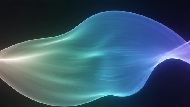 Abstract smooth neon color wave pattern with blue and purple gradients flowing on a solid black background, featuring glowing ethereal fabric textures and organic light motion.