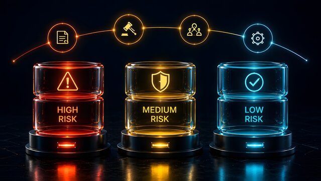 Corporate risk management classification showing high medium and low threat levels with glowing digital icons for legal and compliance workflow