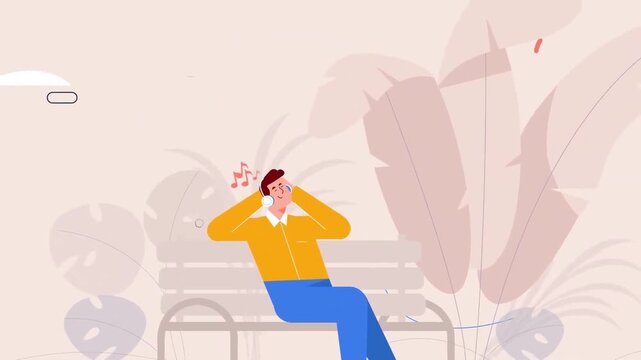 Relaxed man listening to music on park bench in this colorful flat vector animation footage of modern leisure time