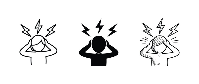 Headache and migraine vector icons set featuring stress relief, head pain, mental pressure, lightning bolt shock, and noise frustration symbols in line, solid, and doodle styles isolated on white back
