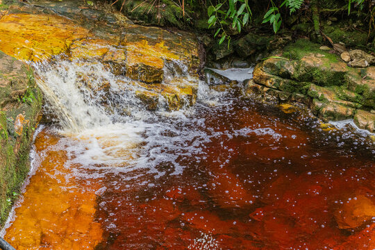 The striking red and copper-colored waters of the Cascadas Coloradas located in the Lim&oacute;n Indanza canton of Morona Santiago, Ecuadorian Amazon