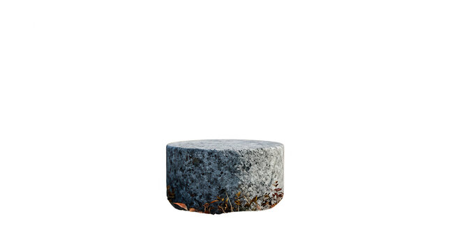 Um pedestal cil&iacute;ndrico de pedra natural com textura cinza r&uacute;stica, isolado em um fundo branco puro, ideal para exibi&ccedil;&atilde;o de produtos, fotografia de joias, cosm&eacute;ticos e apresenta&ccedil;&otilde;es de design