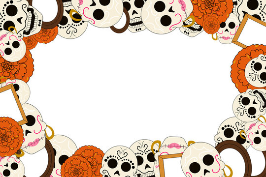 Themed frame arrangement featuring Catrinas and cempas&uacute;chil flowers for a Mexican Day of the Dead celebration