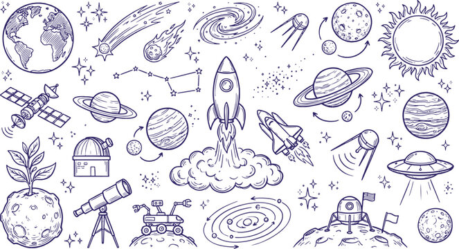 Set of space and astronomy doodle elements including planets rockets stars galaxies with astronomy element planet sketch rocket ship galaxy vector solar system