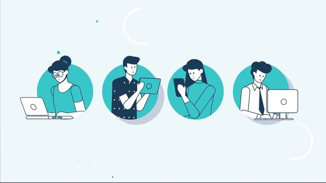 Diverse professionals working on digital devices in this animated motion graphics clip displaying modern flat line art character design animation