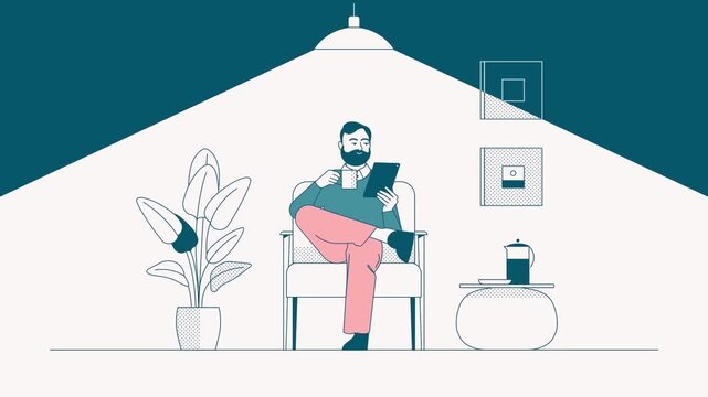 Bearded man relaxing in comfortable armchair while holding tablet and coffee cup in this minimal flat vector animation video footage