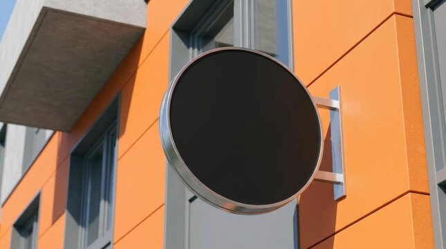 Detail shot of a circular outdoor convex mirror mounted on an orange building wall