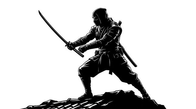 Shadowy ninja warrior with katana sword, black and white silhouette of Japanese assassin, cinematic martial arts fighter on white background
