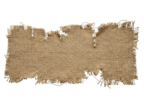 Um peda&ccedil;o retangular de tecido de juta r&uacute;stico com bordas desfiadas e textura &aacute;spera, isolado sobre um fundo branco puro, ideal para design de banners, convites artesanais ou projetos de artesanato.