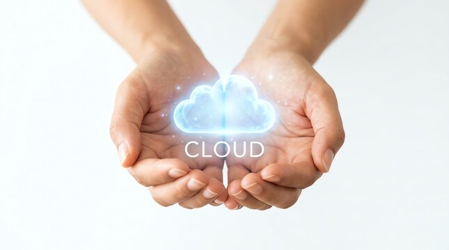 Human hands cradling a glowing blue cloud icon, representing innovative digital data storage, secure online technology, and advanced global computing solutions