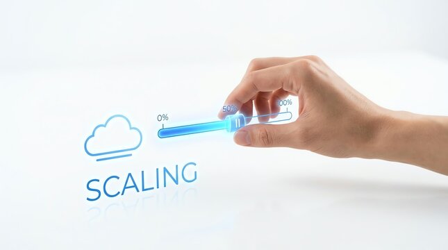 Conceptual image of a hand adjusting cloud computing scalability on a futuristic digital holographic screen