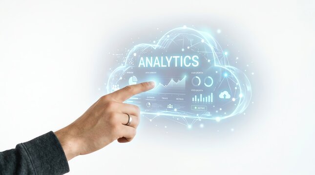 Person's finger touching a glowing cloud displaying charts and the word Analytics, representing cloud data analysis and digital information services