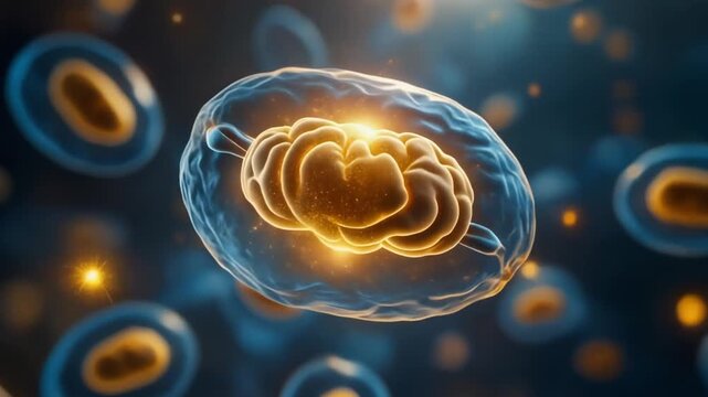 Clean macro visualization of mitochondria producing cellular energy for biotechnology, healthcare education, medical presentations, scientific websites, and research communication.